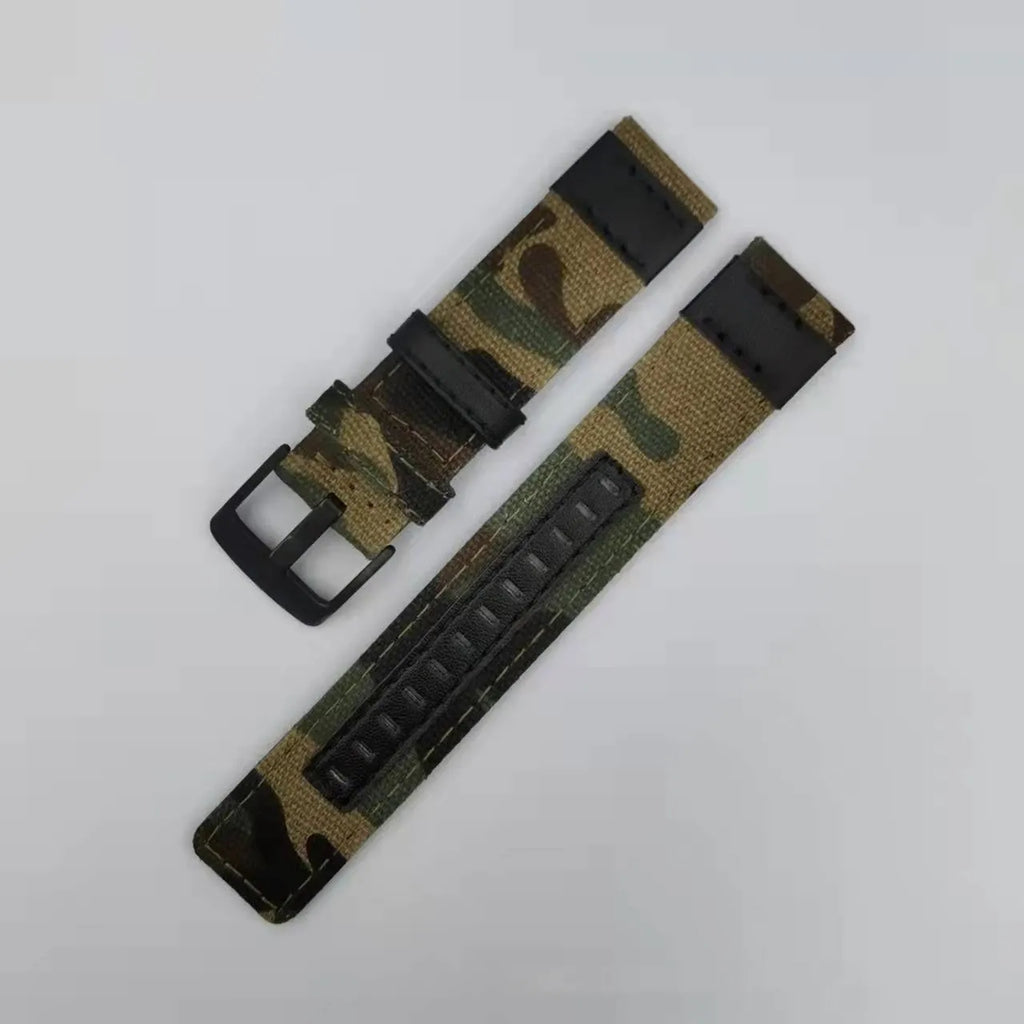 Oxford cloth NATO-style watch strap in army green shown next to black and camouflage colour options.