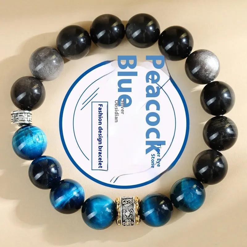 Natural peacock blue Tigereye silver stone bracelet with geometric round design