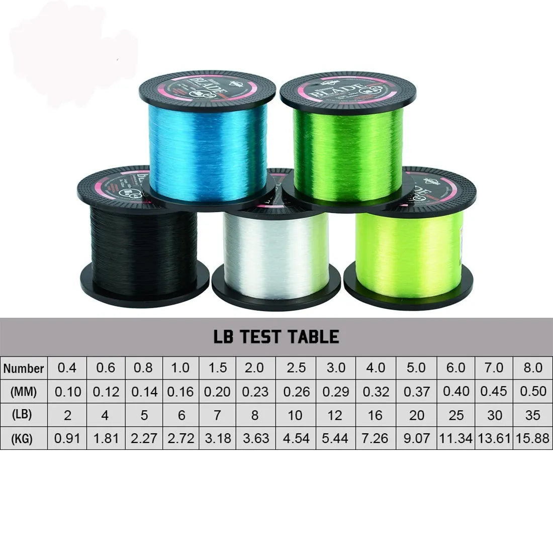 Seaknight1000 nylon fishing line spool in multiple colour options showing diameter size markings
