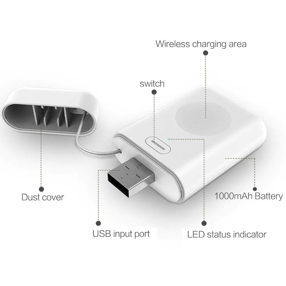 Small white 1000mAh wireless magnetic portable charger for Apple Watch next to its micro USB cable.