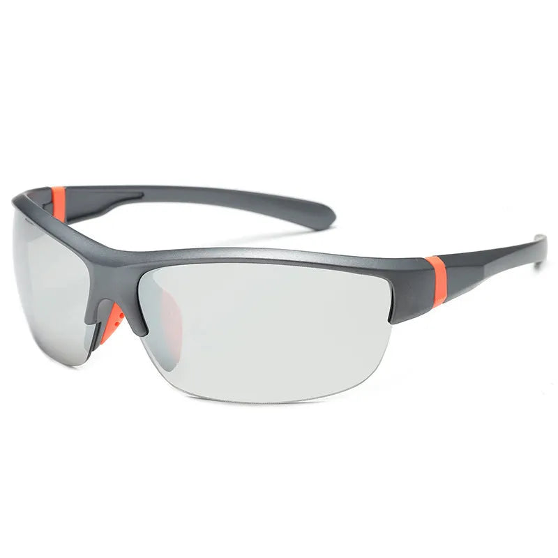 Men's windproof cycling sunglasses with semi-frameless frame and PC lenses in multiple colour options.