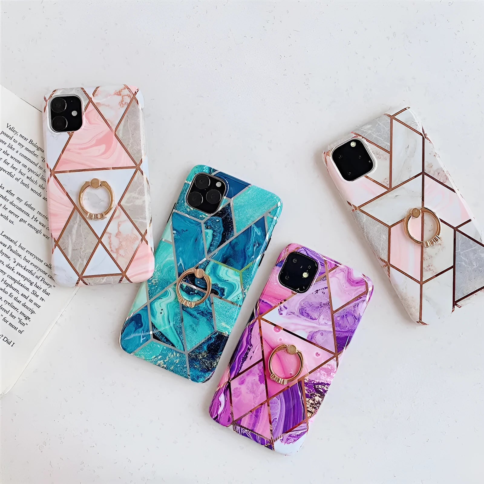 Geometric plating design TPU iPhone back cover case with an integrated metal bracket ring.