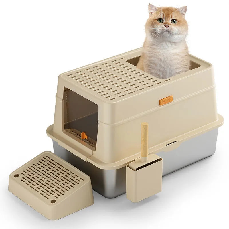 Grey ABS plastic enclosed cat toilet with pedal entry and stainless steel waste bin
