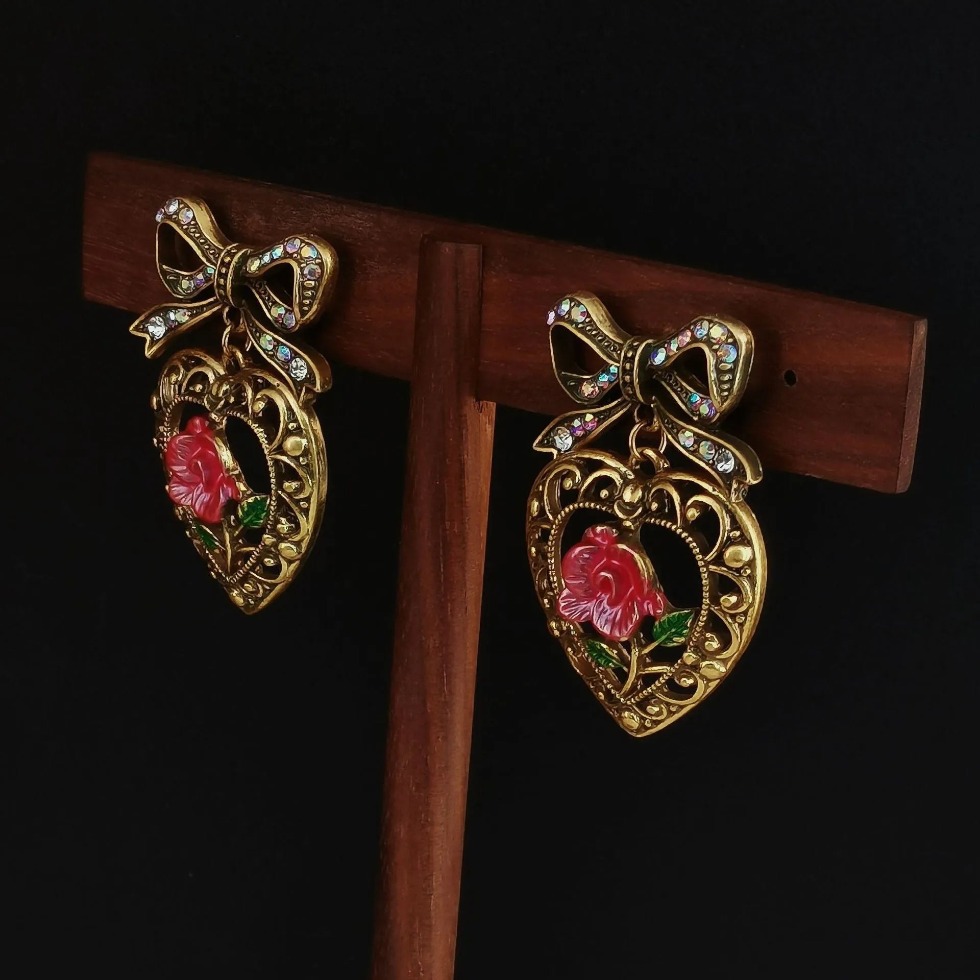 Copper alloy inlaid zirconium love heart rose bow hollow pattern earrings women Chinese style