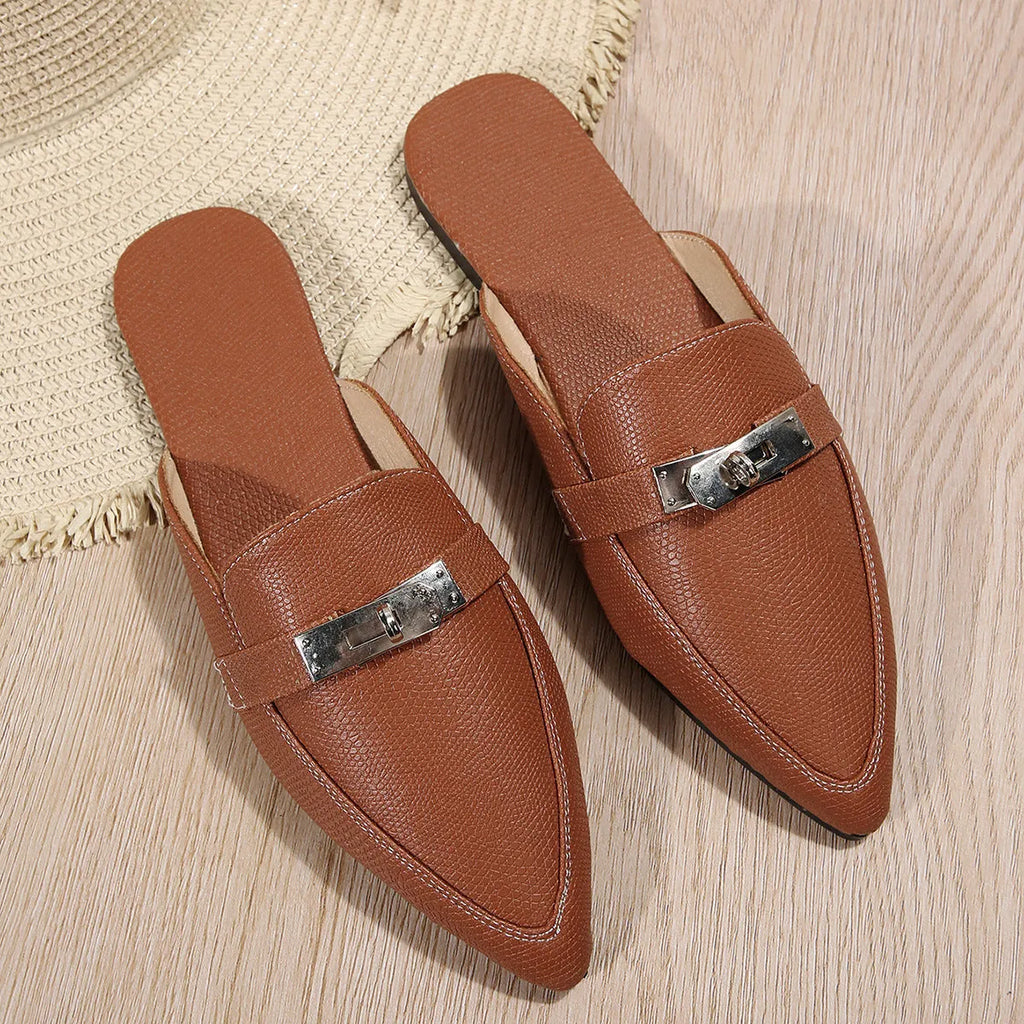 Light brown women's pointed-toe low heel semi-slippers with a PU upper and rubber sole.