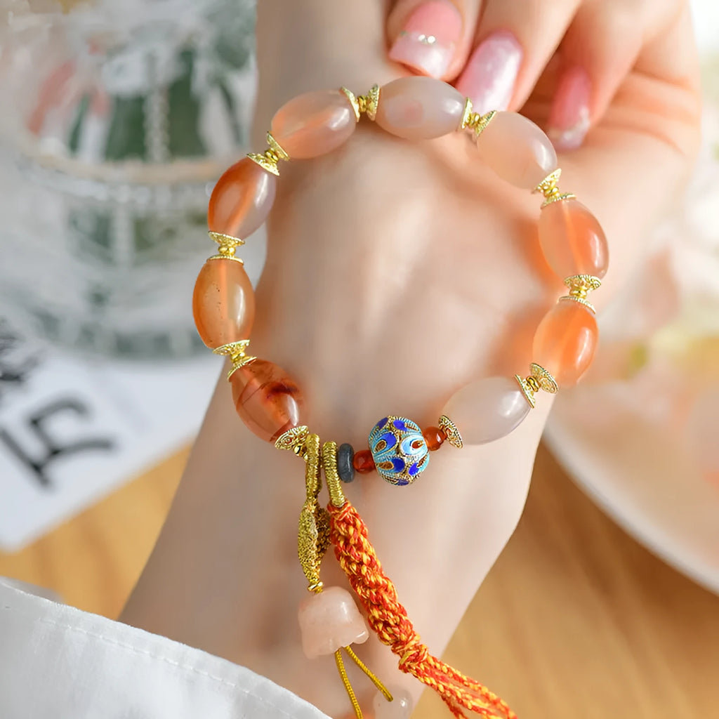 Jinsi jade agate Tibetan bracelet with lily flower and geometric bead designs