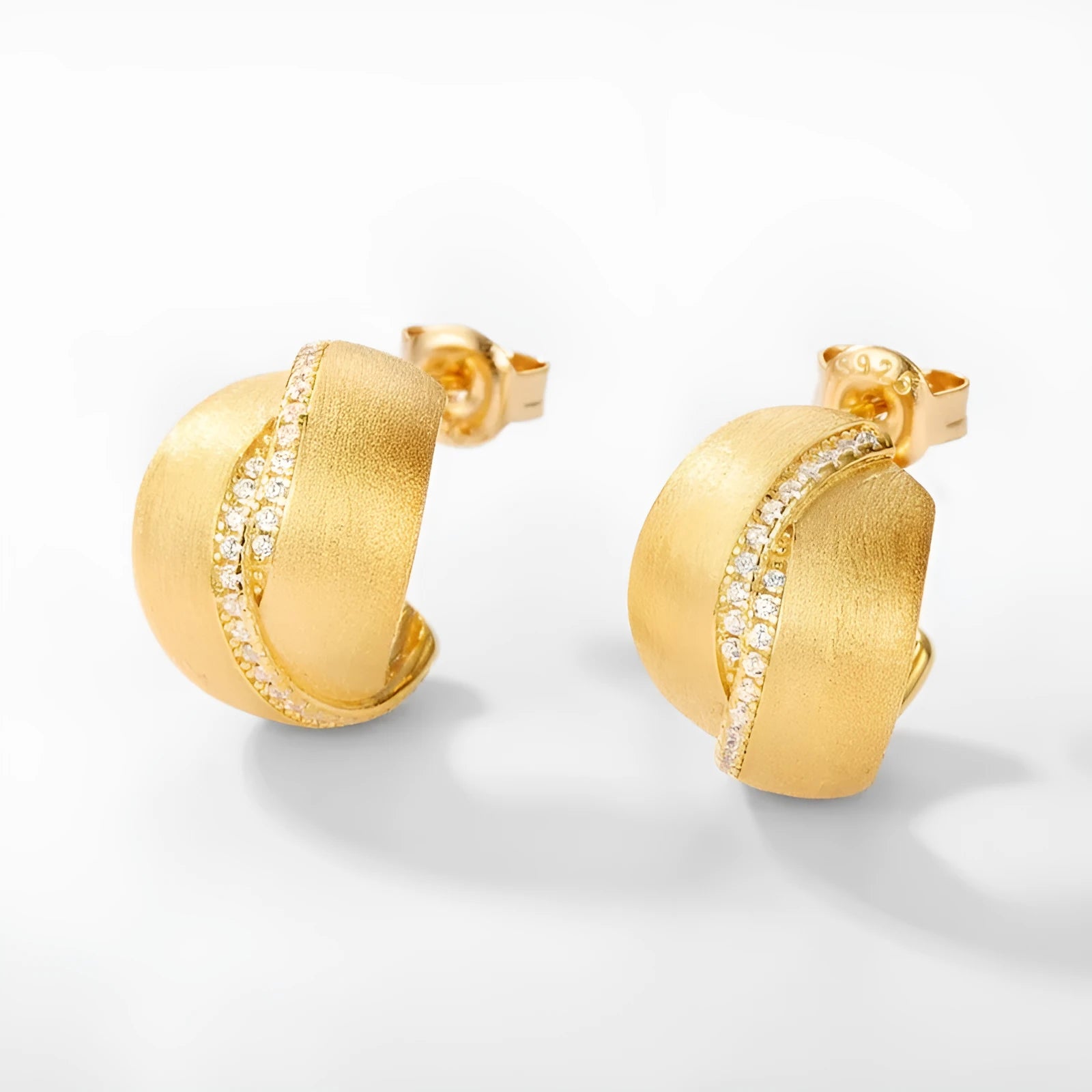 Frosted brushed geometric ear studs in 925 silver with 10k gold swimming paint finish, gold colour, pair of women's earrings