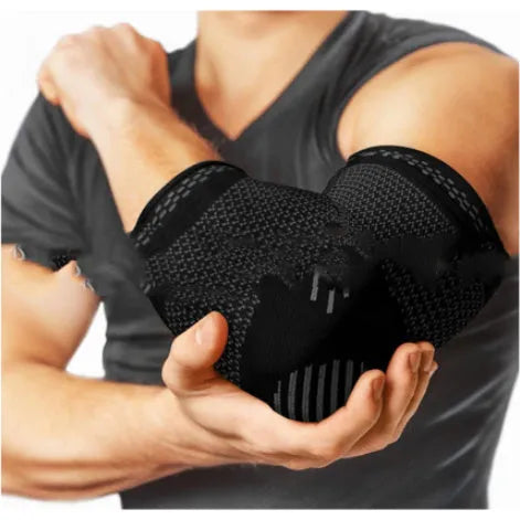 Sports elbow guard in nylon jacquard with adjustable fit, available in black, gray, and green sizes S to XL