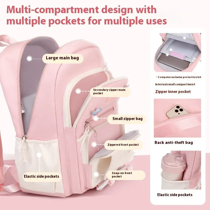 Waterproof girls school backpack in Oxford cloth with childlike cute design and curved shoulder straps