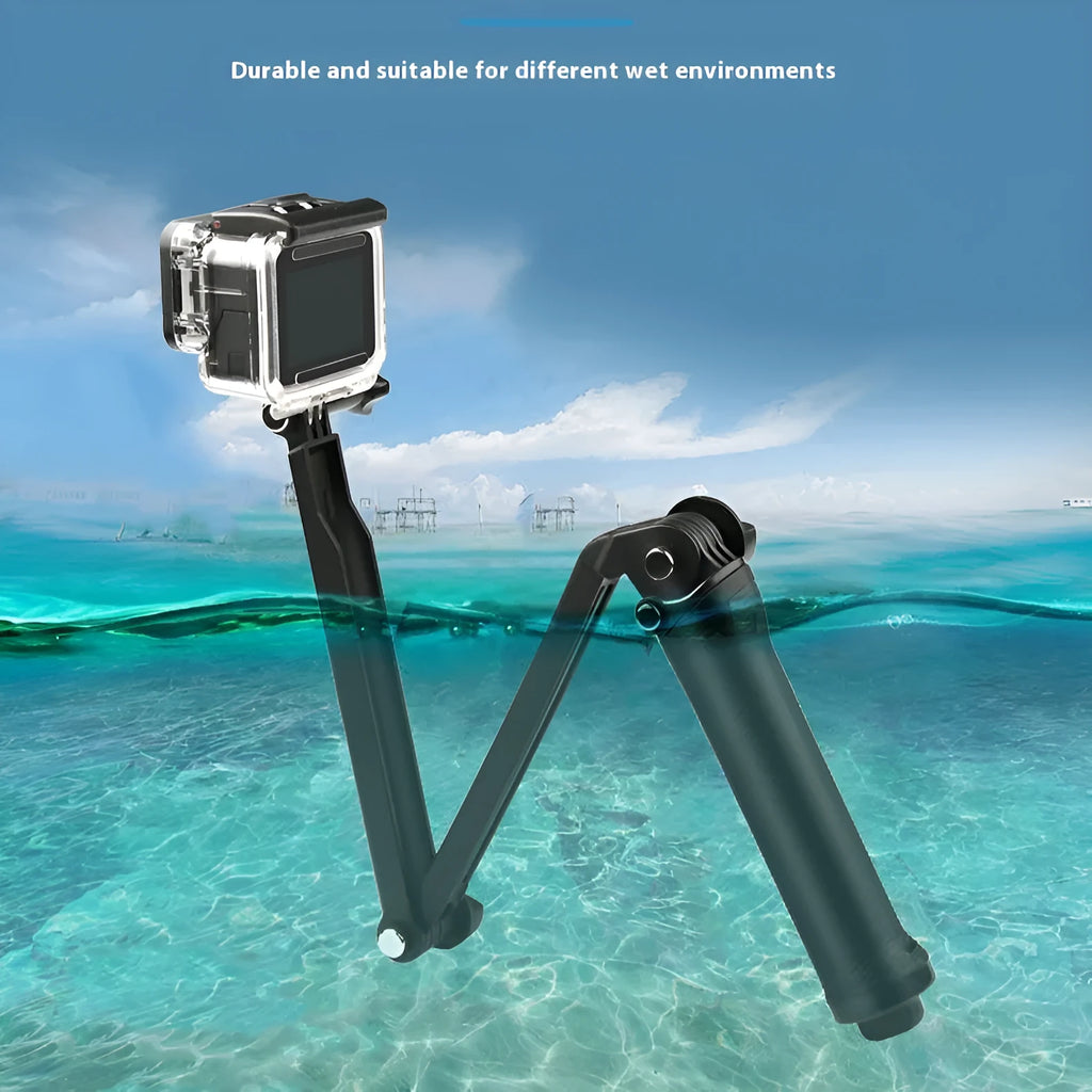 Black folding portable tripod stand for GoPro Hero action cameras on a white background.