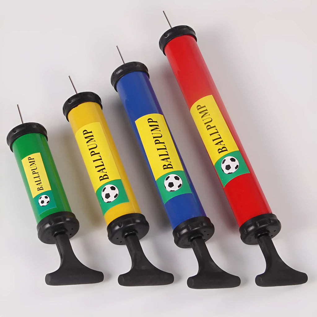 Mixed colour plastic manual hand pump for sports balls on a white background
