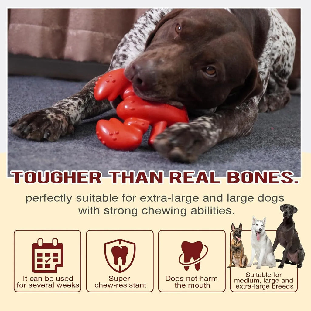 Red durable dog chew toy for large aggressive chewers, shown with size dimensions.