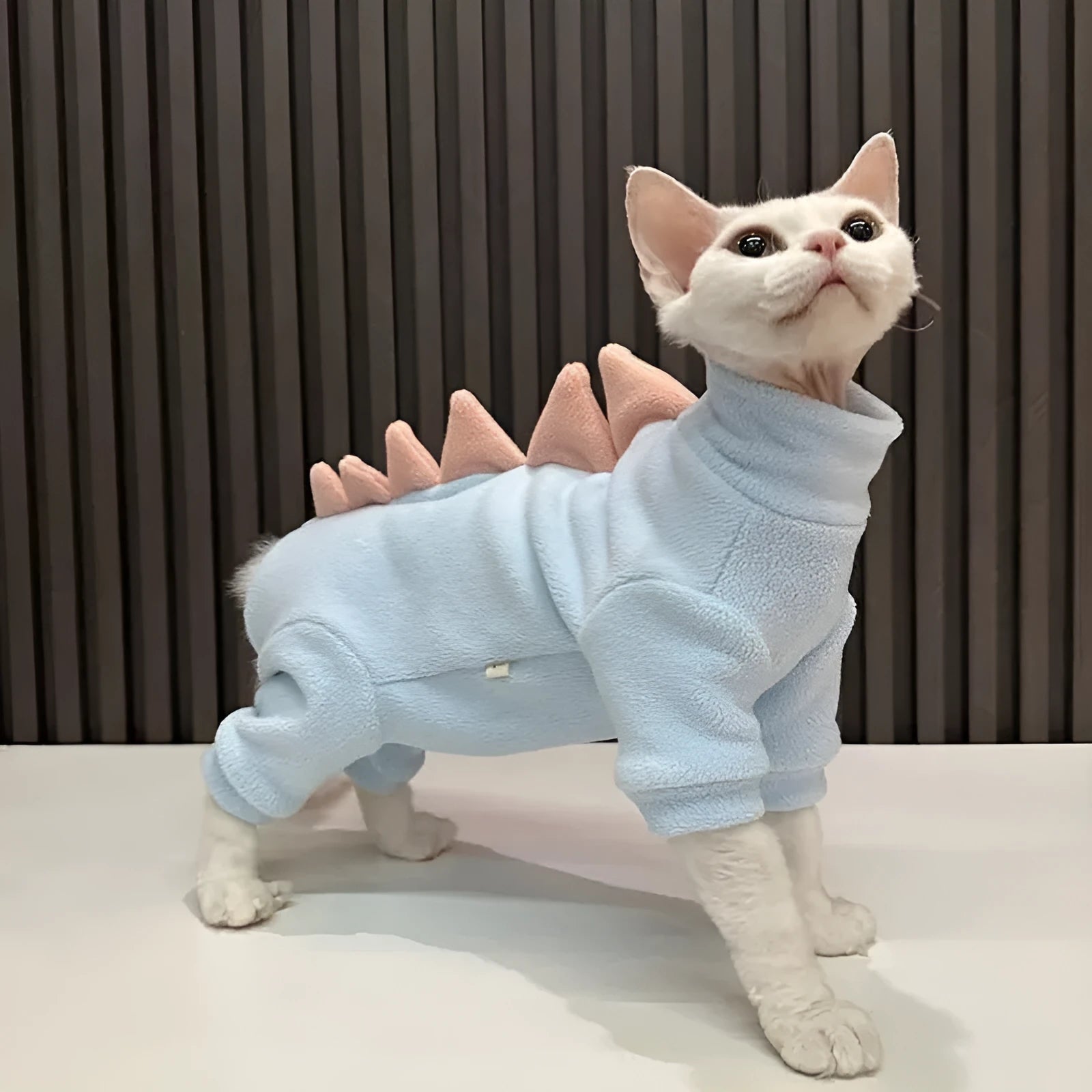 Fleece dinosaur costume for hairless Sphynx and Rex breed cats in multiple sizes