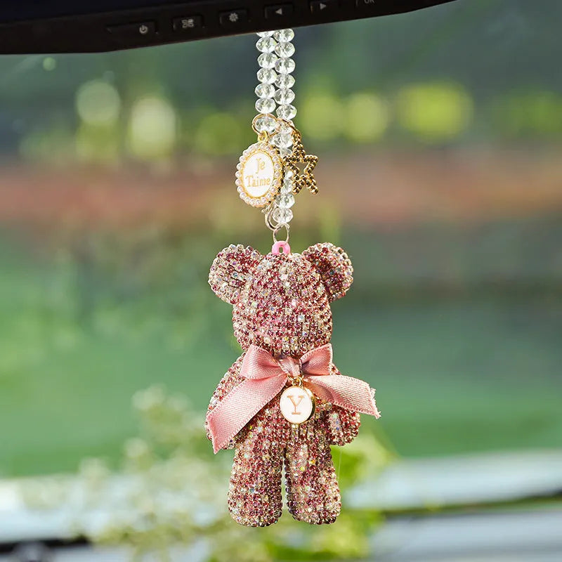Violent Bear character car rearview mirror pendant with sparkling rhinestones on a black background.