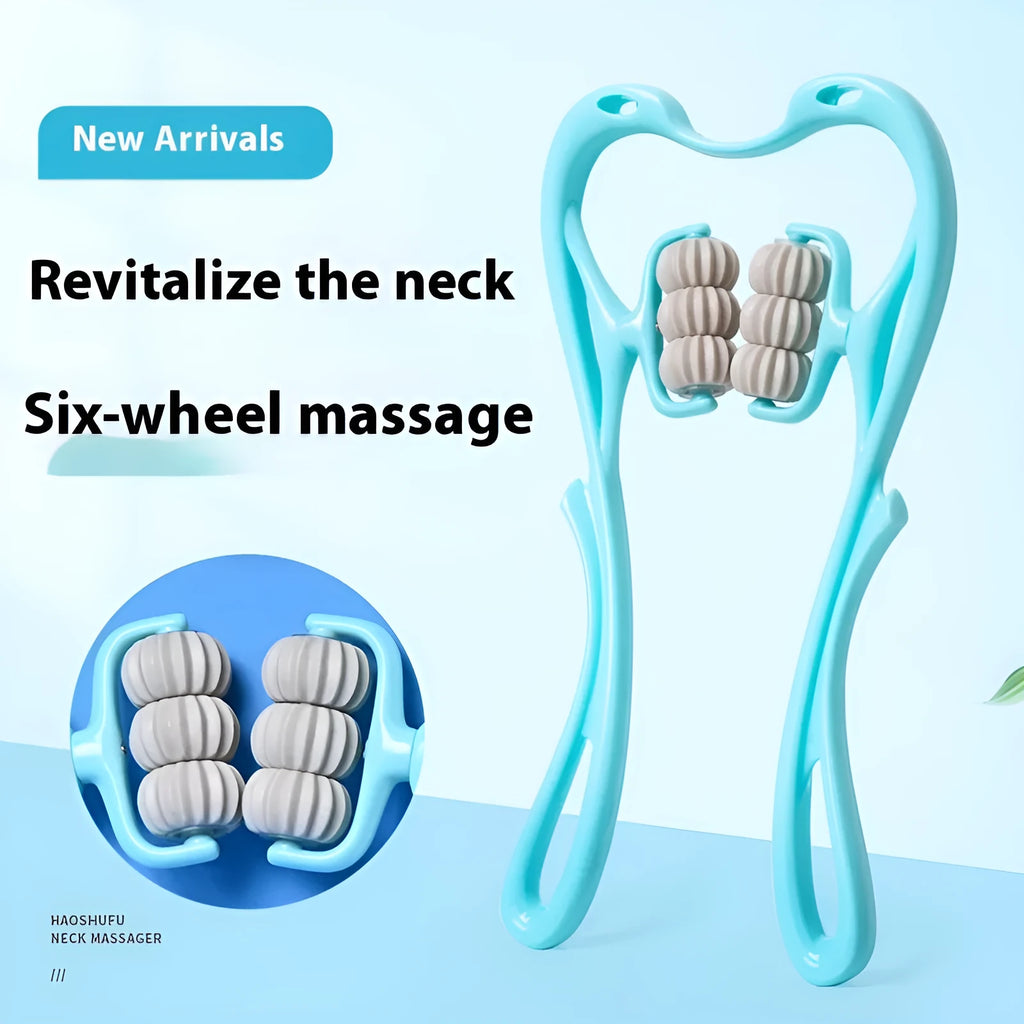 Blue handheld six-wheel electric massager with heat function for neck and shoulders