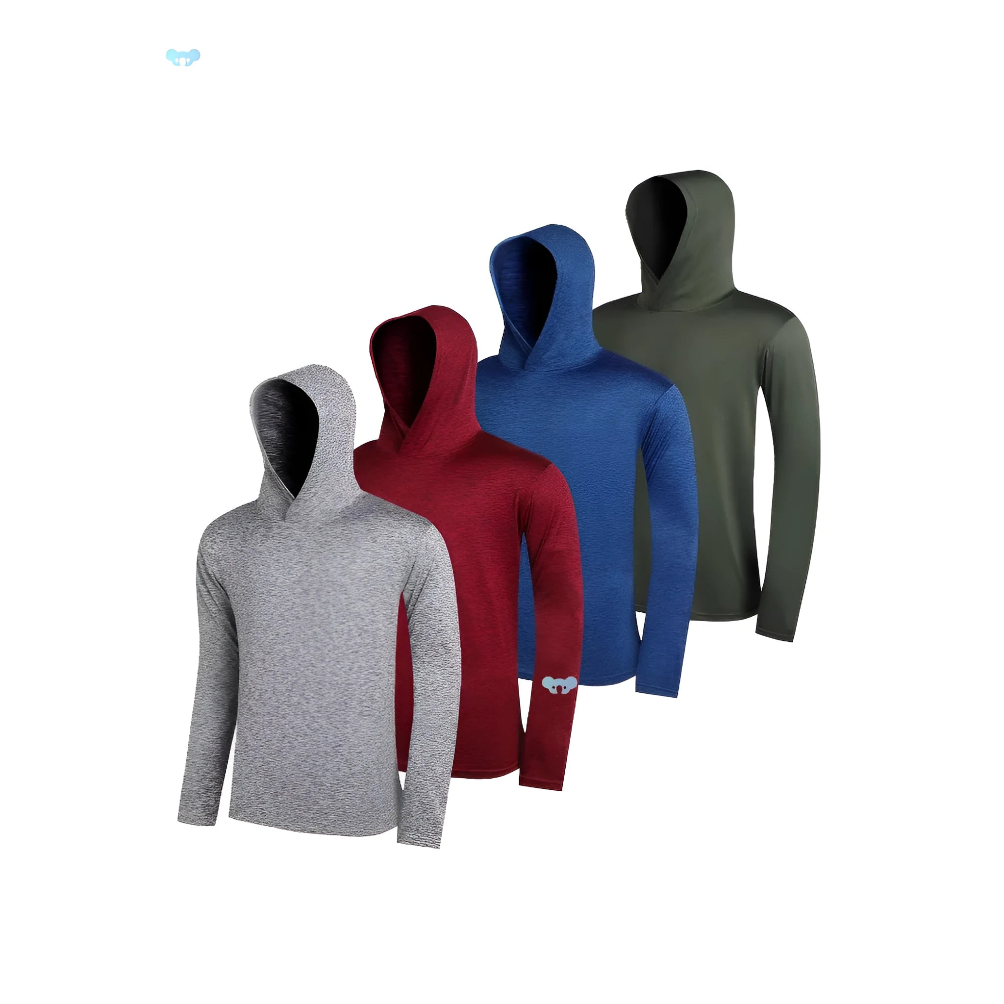 Four men's lightweight pullover hoodies in assorted colours, made from elastic polyester fibre.