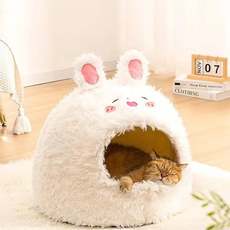 Semi-enclosed yurt-style cat litter kennel tent indoors, shown in bear, deer, and rabbit designs.