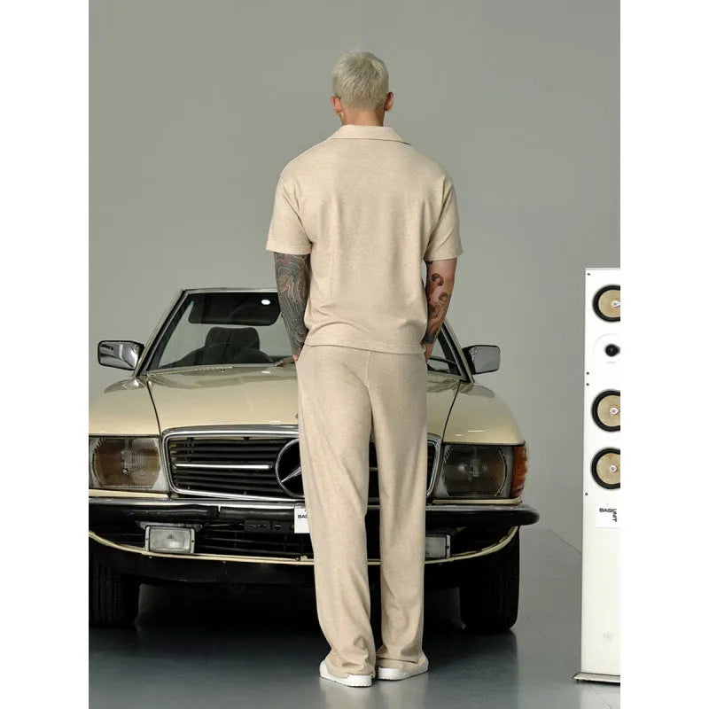 Beige cotton lapel short-sleeved T-shirt and trousers suit for men, casual summer wear