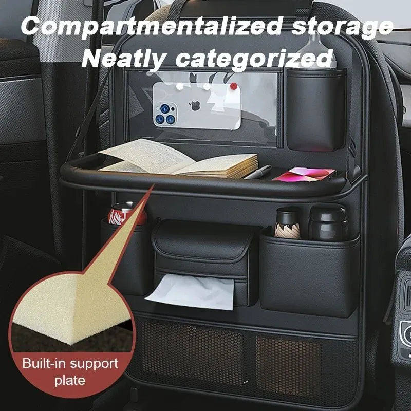 Black PU leather car seat storage bag with foldable table tray attached to a car back seat
