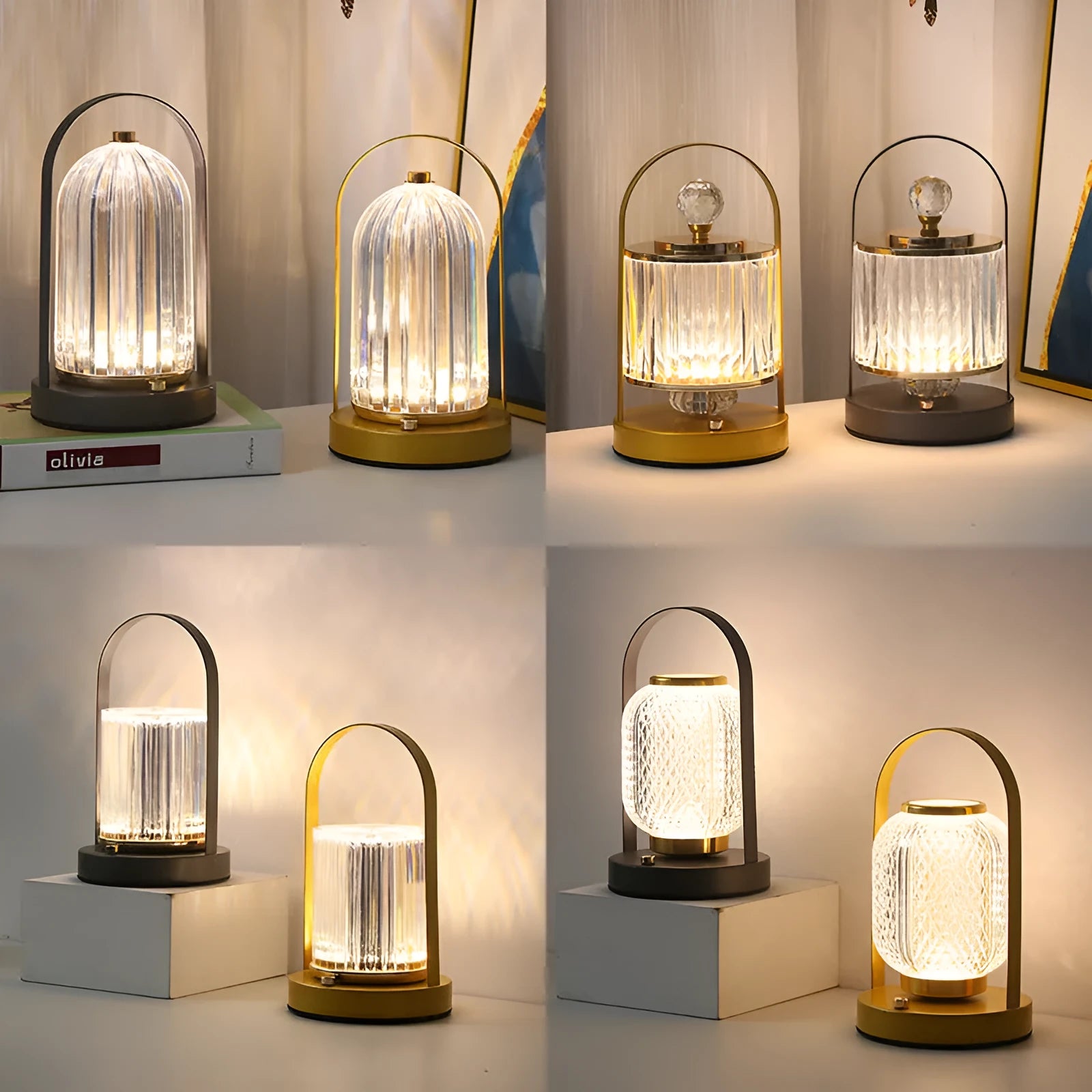 Portable black metal and acrylic LED table lamp with touch dimmer, USB rechargeable, 3W, on a camping table