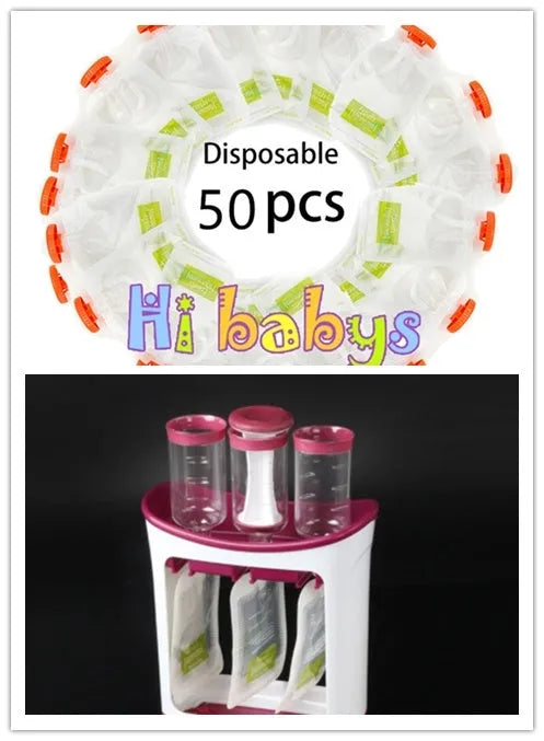 Baby food maker squeeze station pressing homemade fruit puree into 4oz pouch on countertop