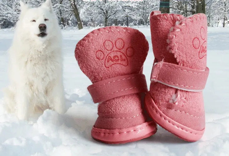 Four khaki velvet dog boots for winter snow walking, size options from small to extra large