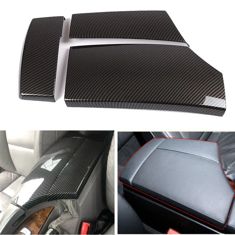 Three ABS protective covers with carbon fibre pattern for car armrest box, showing dimensions and buckle installation
