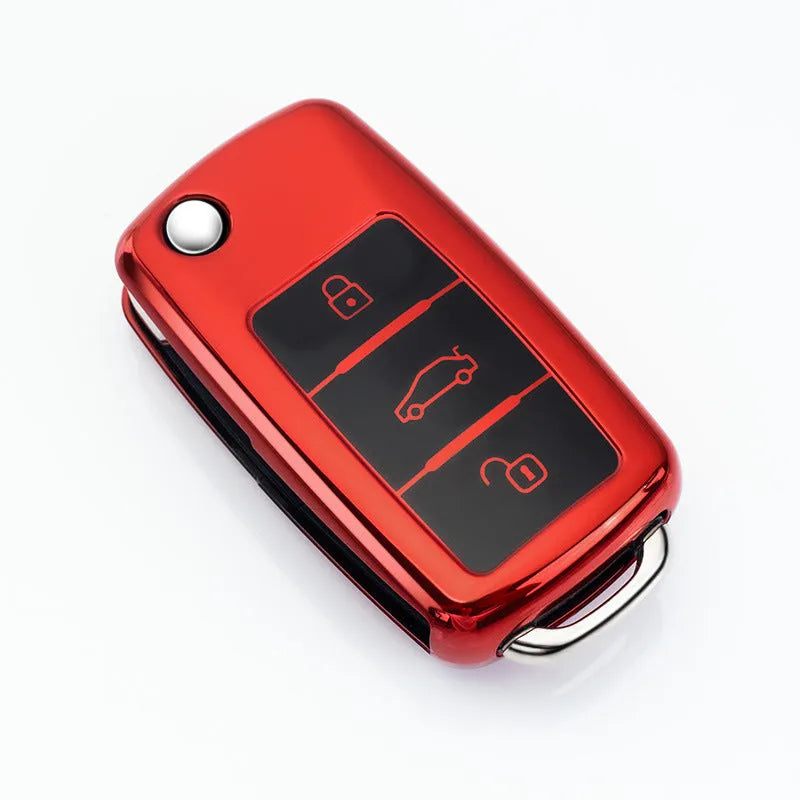 TPU protective case for a Volkswagen Model A car key fob with folding key blade, shown in Gem Blue colour.