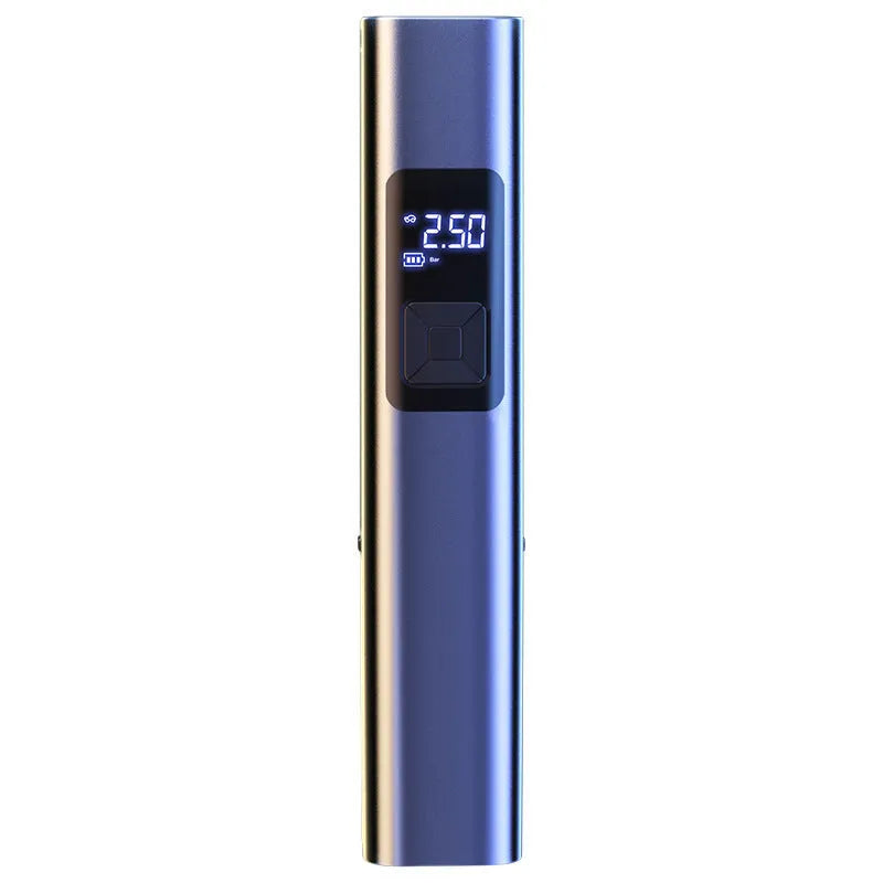 Wireless digital display car air pump and vacuum cleaner with emergency light functions.