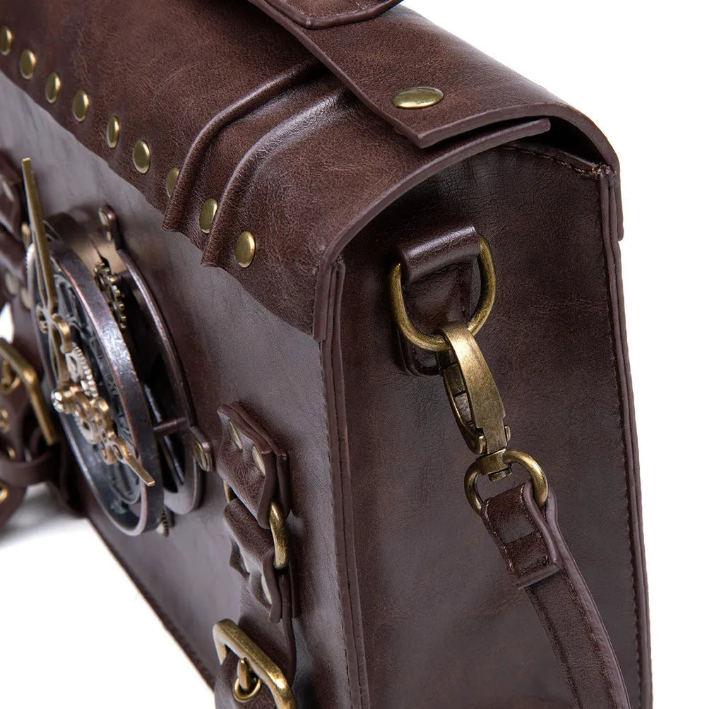 Bronze steampunk industrial retro style shoulder bag with textured PU leather and metal hardware