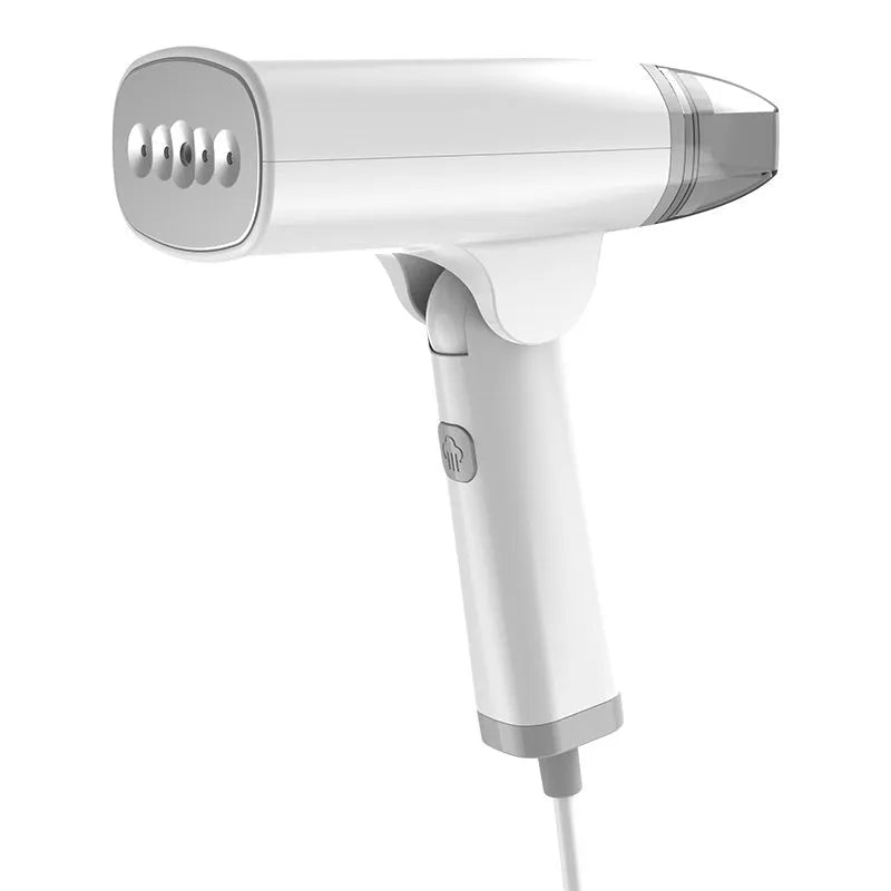 Blue and white handheld garment steamer with 1300W power and mechanical controls