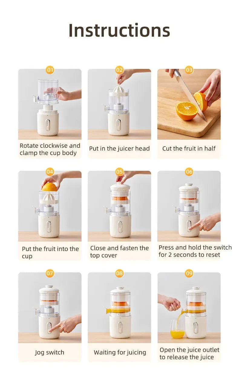 Green portable electric fruit juicer with USB-C charging and automatic pressing mechanism