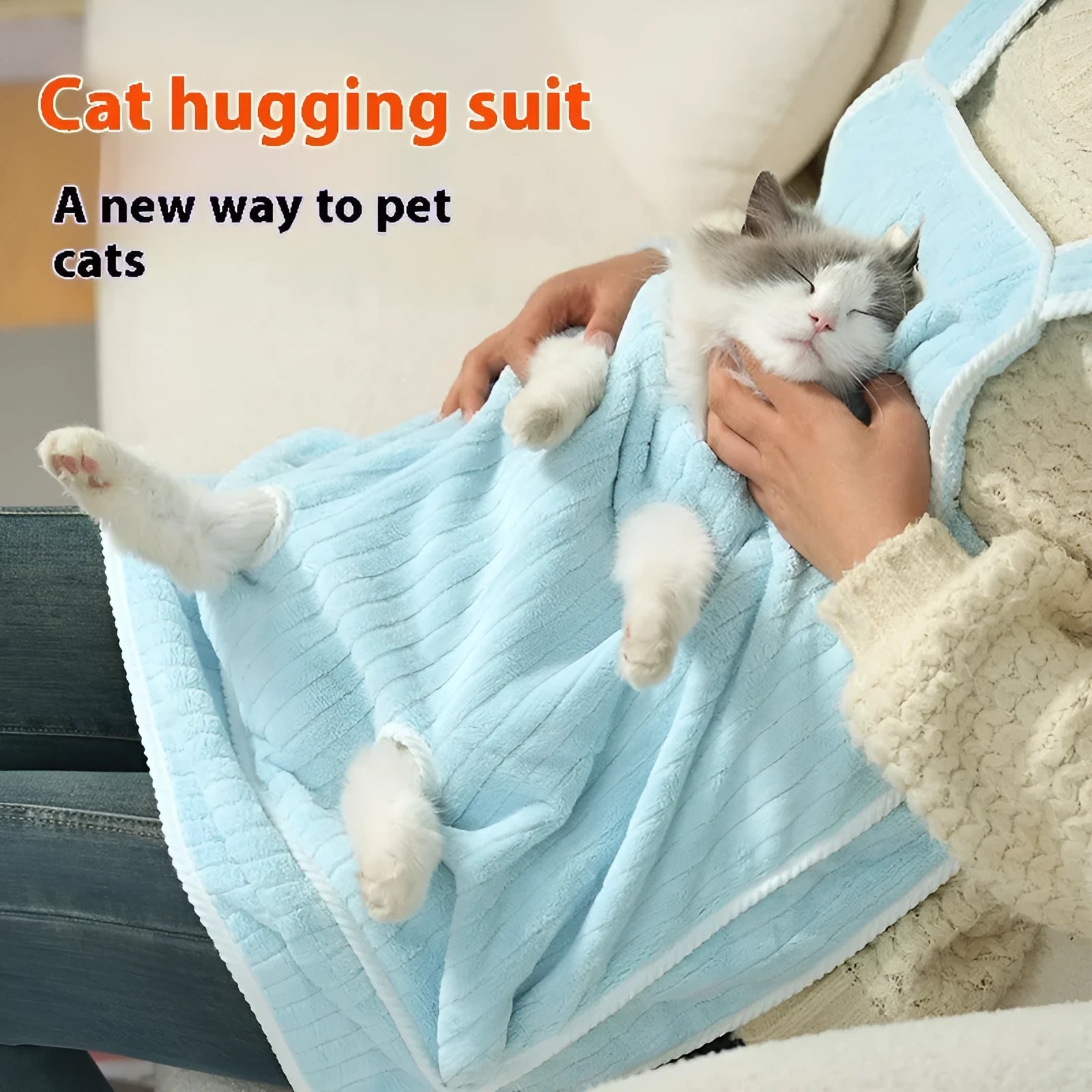 Cat petting apron in cloth material showing colour options including pink, light blue, light purple and striped patterns