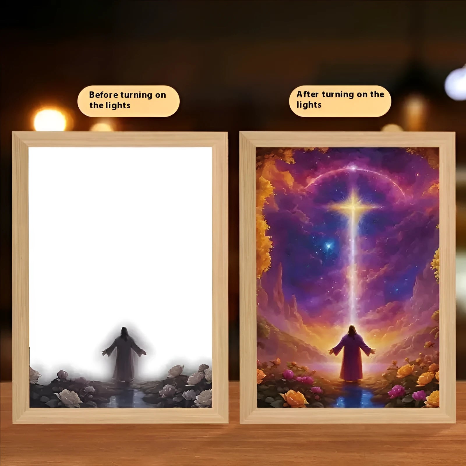Handmade rectangular light painting photo frame showing illuminated themed artwork with USB cable