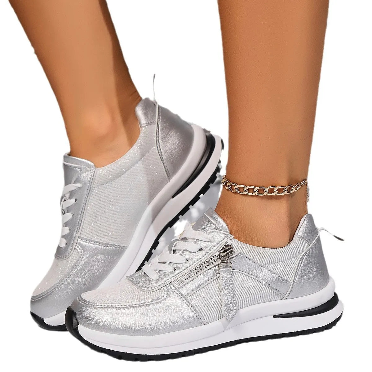 Flat bottom round head lace-up women's pumps in gold, silver, black, and brown colours