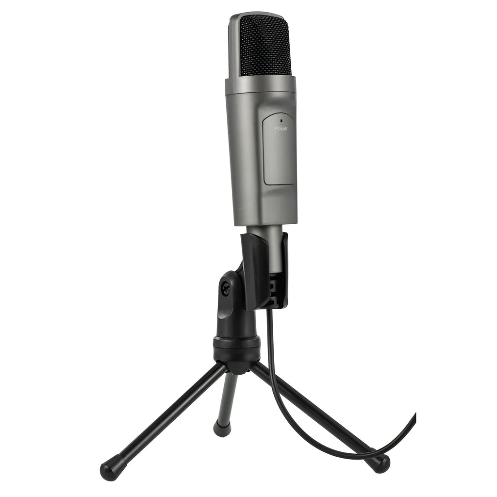 Black USB condenser microphone on desktop with omnidirectional pickup and noise reduction for live recording
