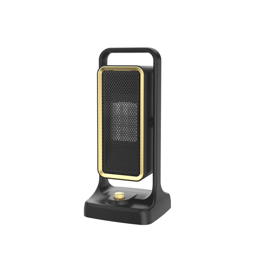 Black HQ-500A desktop PTC ceramic fan heater with control knob on front.