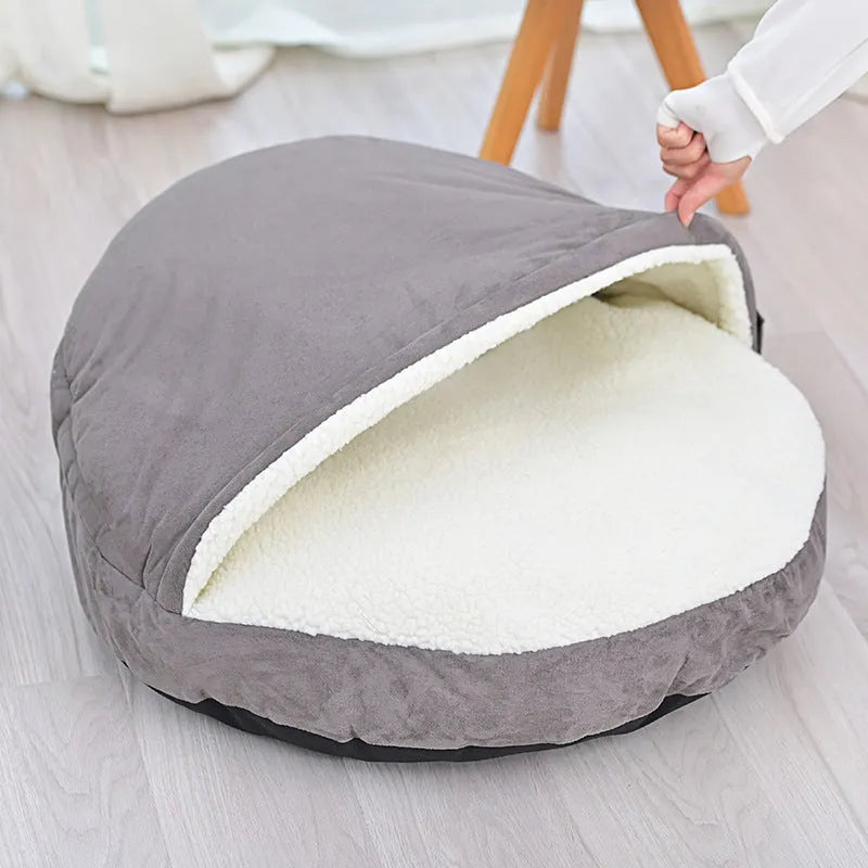 Brown cloth dog kennel with removable washable cover for small dogs, side view