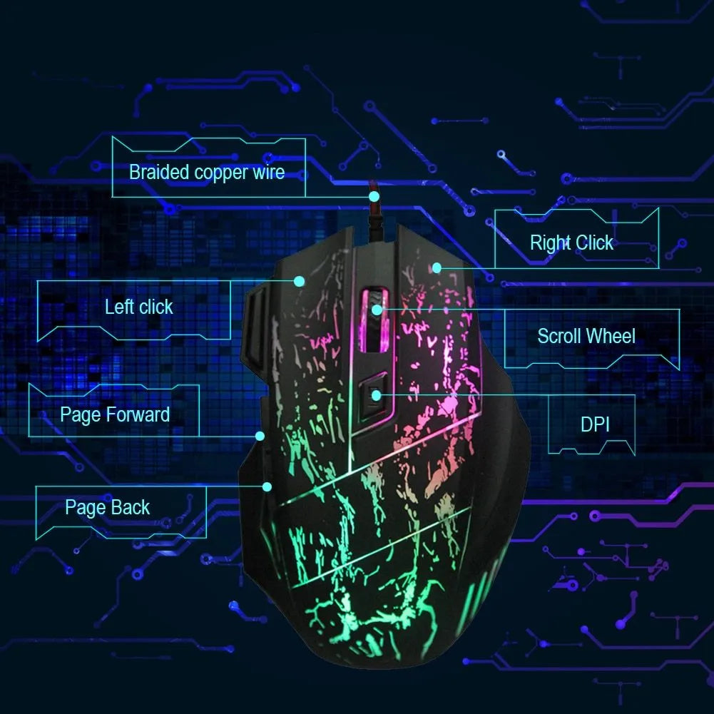 Wired computer gaming mouse with transparent black shell, luminous LED, seven buttons, four-way scroll wheel, USB cable, 127x85x37mm