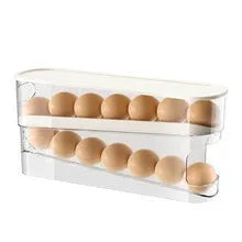 White plastic refrigerator slide-out egg tray with automatic dispenser mounted on refrigerator door