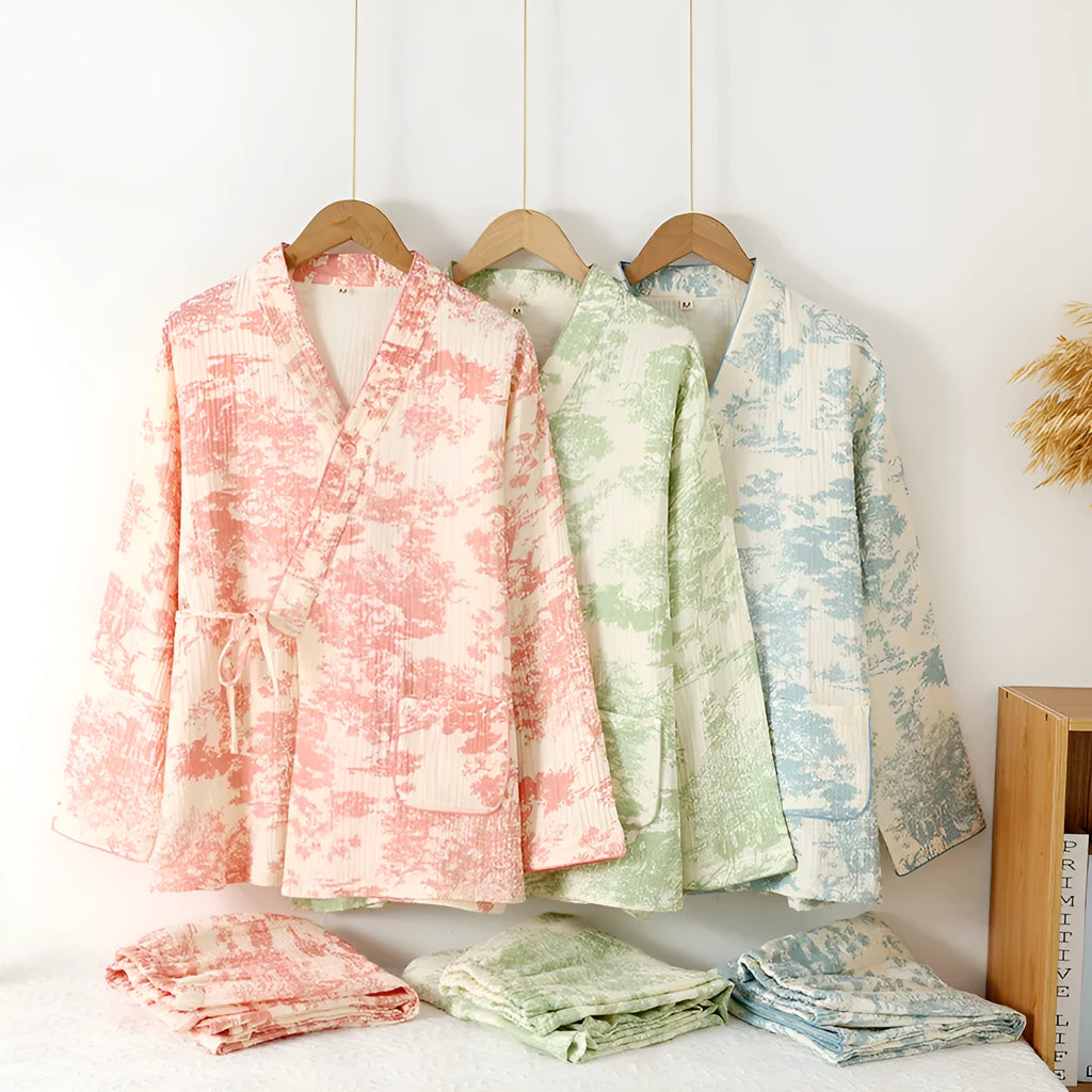 Women's pure cotton gauze homewear suit with long sleeves and trousers in frosted pine tree colour