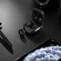 Clear plastic Bluetooth earphone replacement case showing transparent, gold, black, and purple colour options.