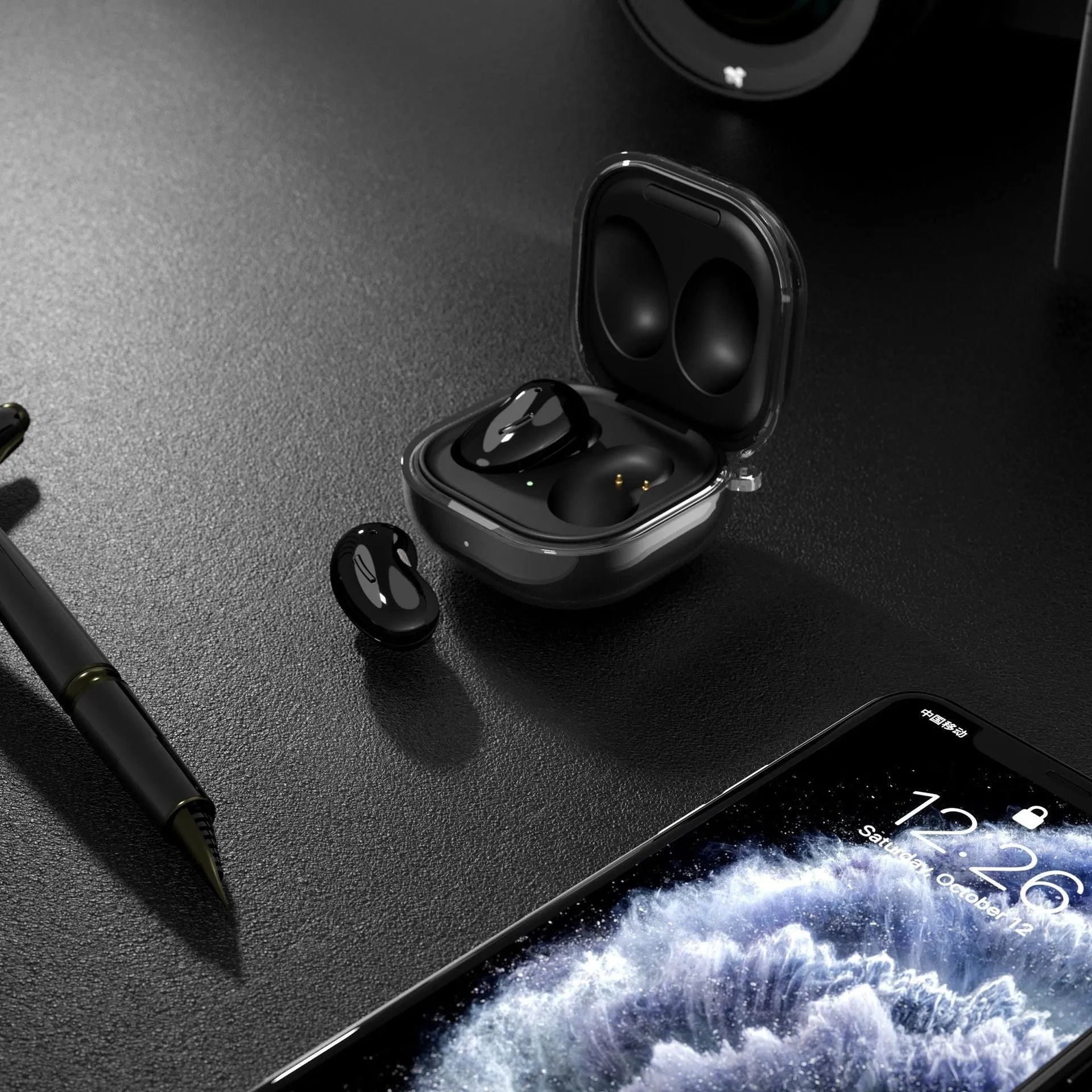 Clear plastic Bluetooth earphone replacement case showing transparent, gold, black, and purple colour options.