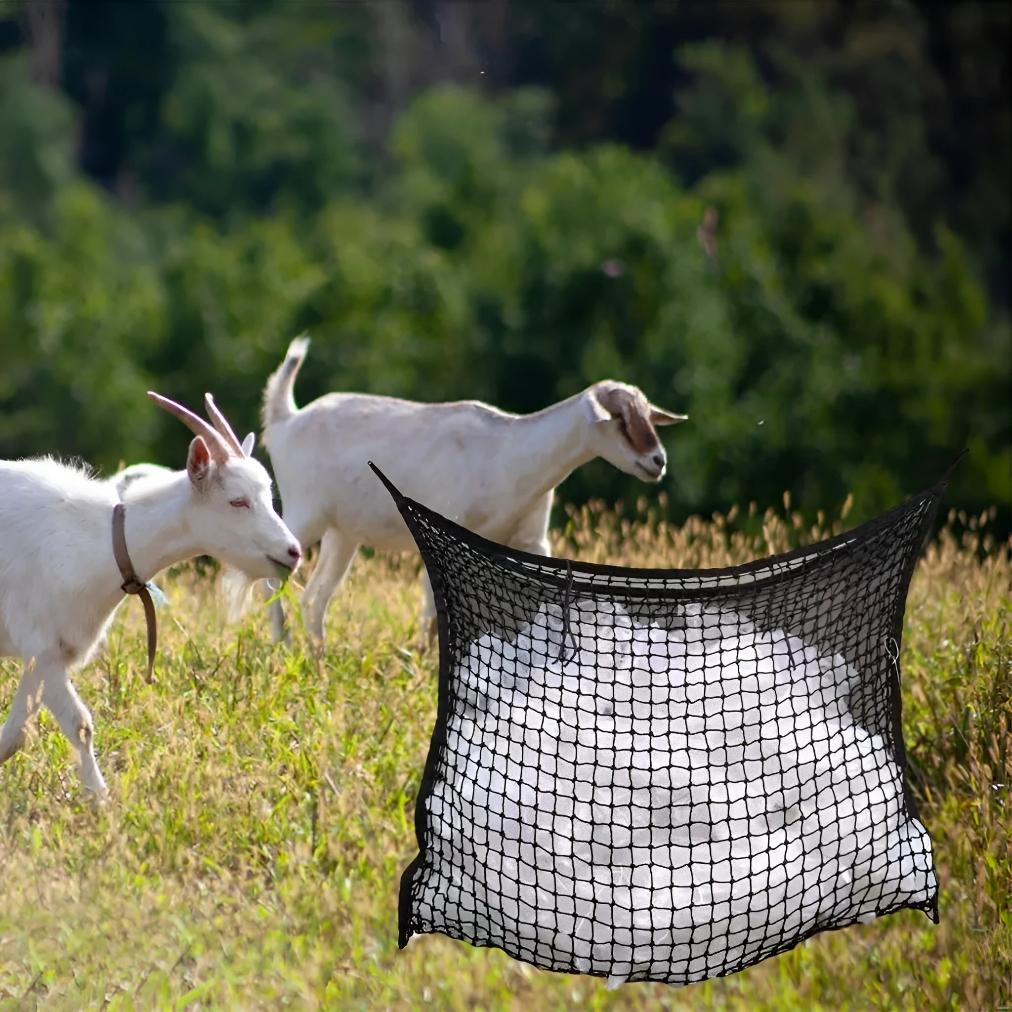Woven PE rope grid pattern hanging feeding bag for livestock in multiple sizes