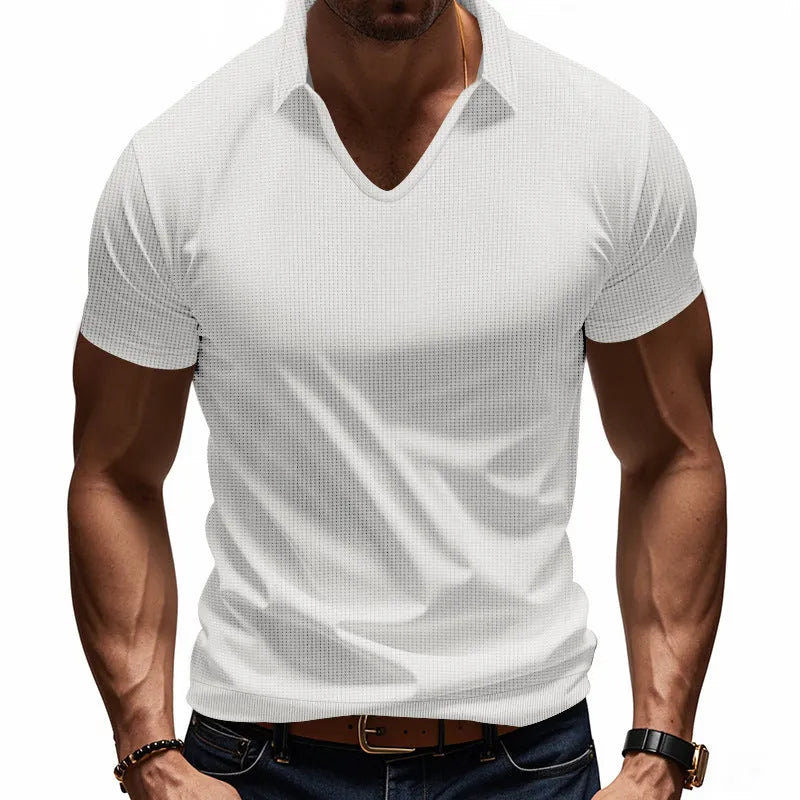 Men's loose fit V-neck short sleeve T-shirt in a light blue solid colour.