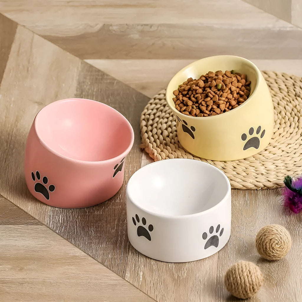 Ceramic cat food bowl with high foot base in a cat's paw print design