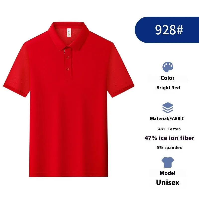 Solid colour catering work polo shirt in ice silk fabric on a hanger, showing short sleeves and regular fit.