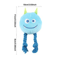 Blue and yellow cartoon dog squeaky toy with knot design made from cotton rope