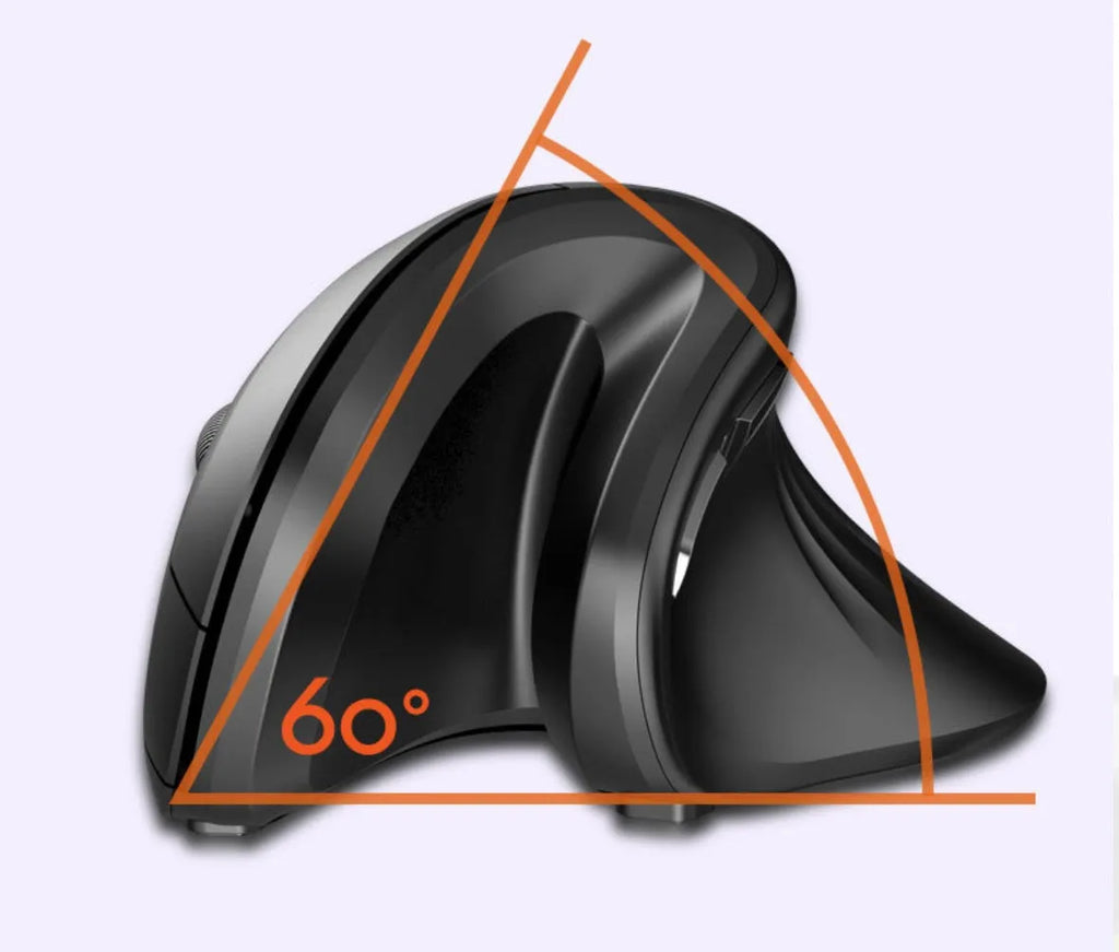 Wireless vertical mouse with 6 buttons, black, ergonomic design, adjustable DPI, on a desk surface