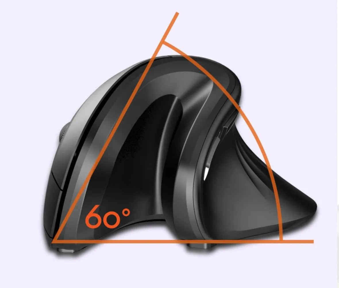 Wireless vertical mouse with 6 buttons, black, ergonomic design, adjustable DPI, on a desk surface